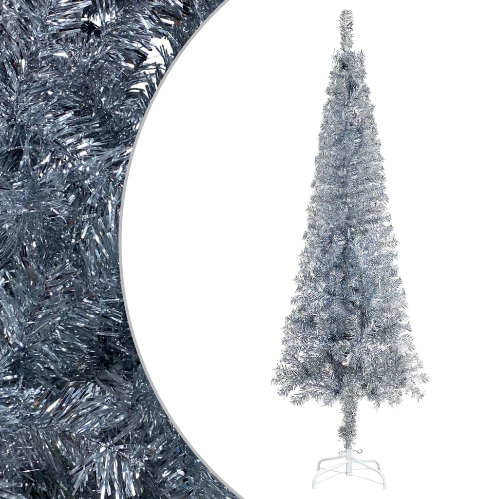 vidaXL Úzký vánoční stromek s LED diodami a sadou koulí stříbrný 240cm