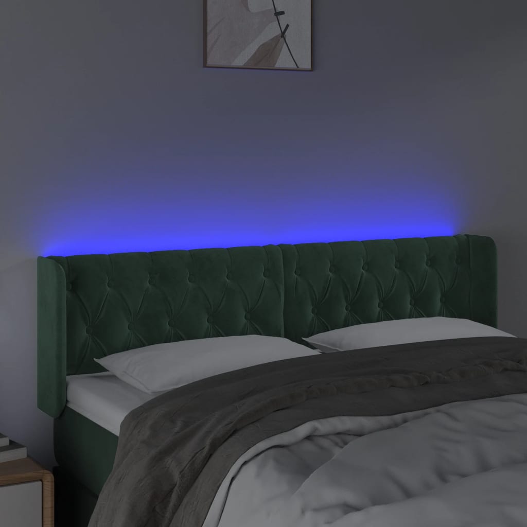 vidaXL Čelo postele s LED tmavě zelené 163 x 16 x 78/88 cm samet
