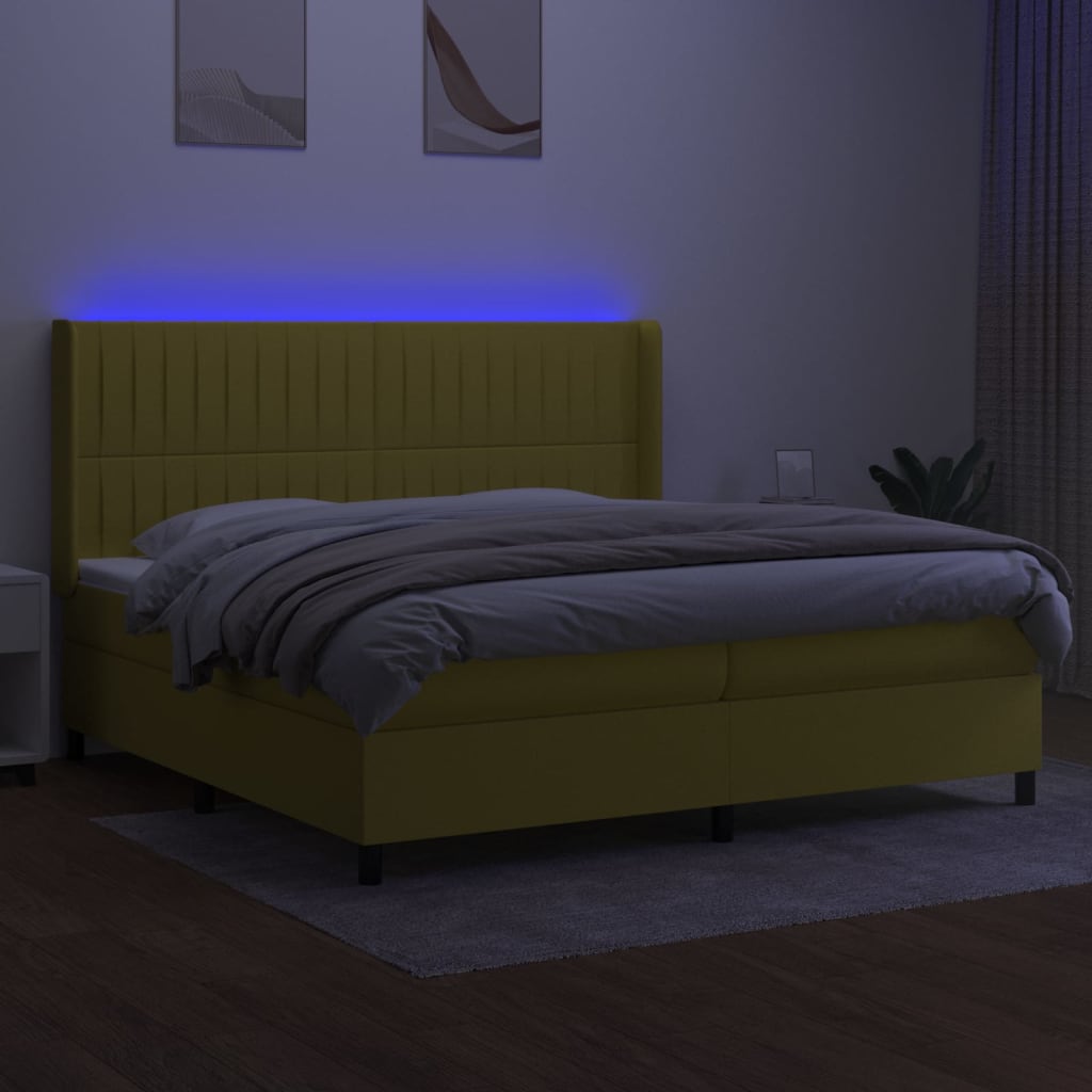 vidaXL Box spring postel s matrací a LED zelená 200x200 cm textil