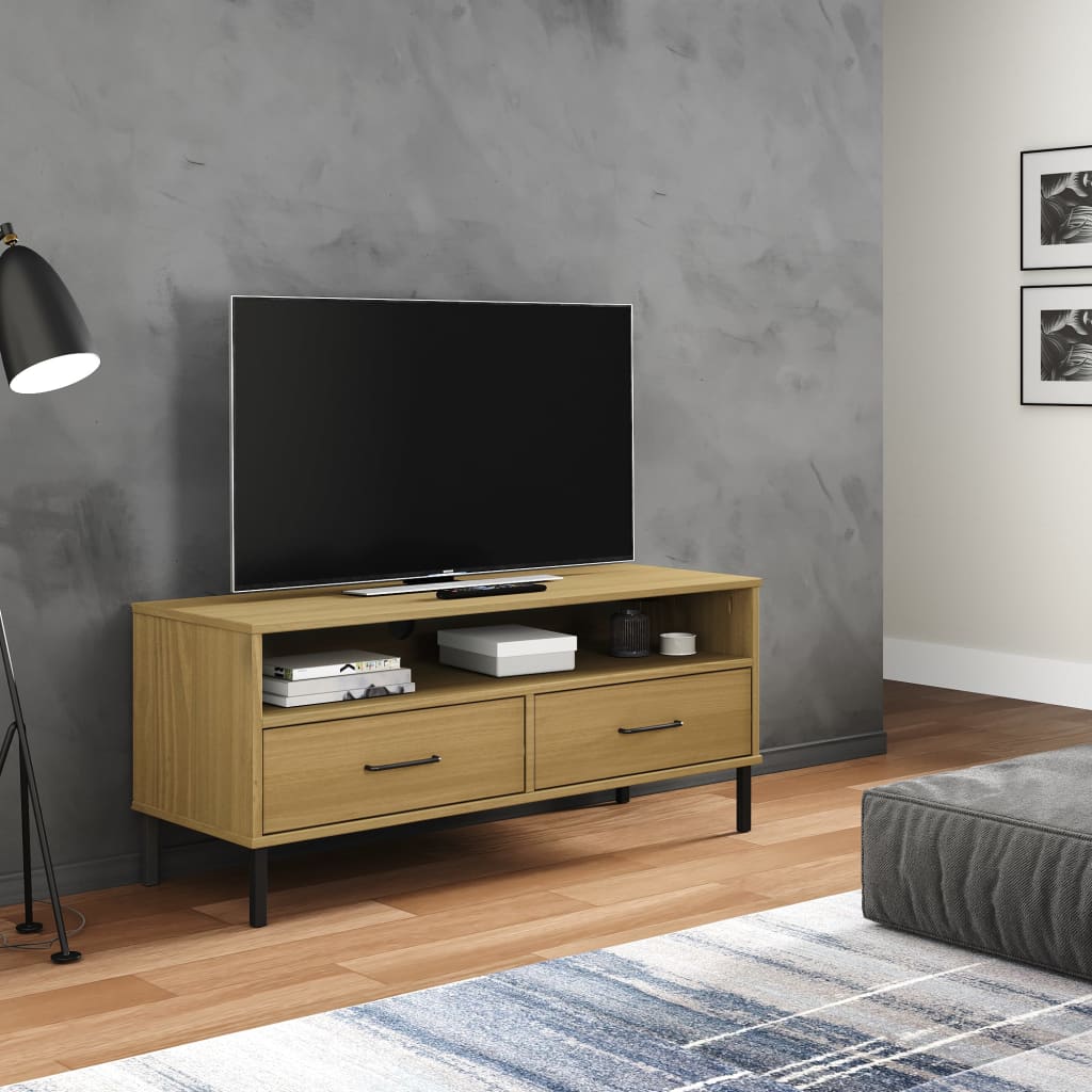 vidaXL TV skříňka s kovovými nohami hnědá masivní borové dřevo OSLO