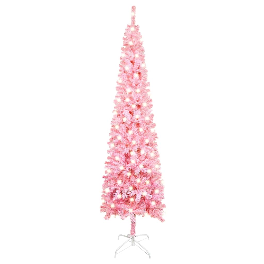 vidaXL Úzký vánoční stromek s LED osvětlením růžový 210 cm
