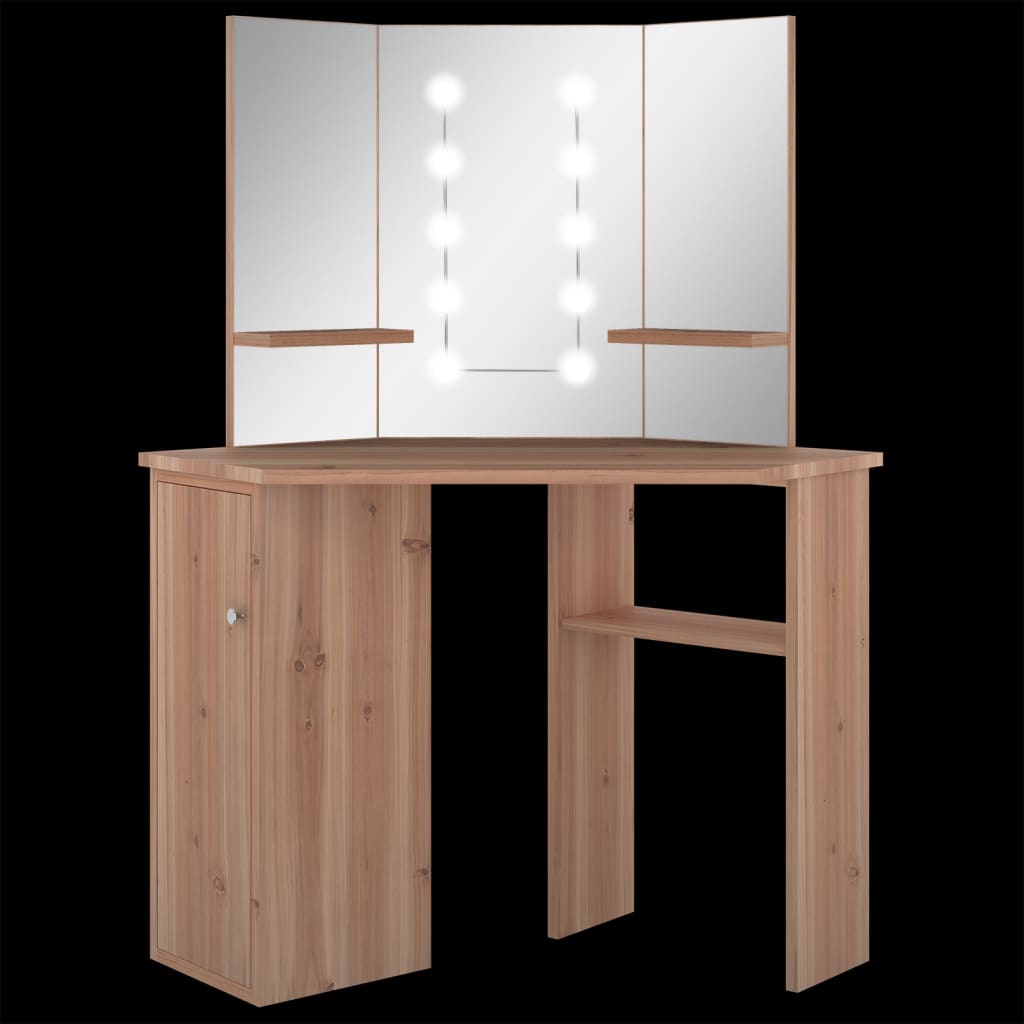 vidaXL Rohový toaletní stolek s LED světlem dub 111 x 54 x 141,5 cm