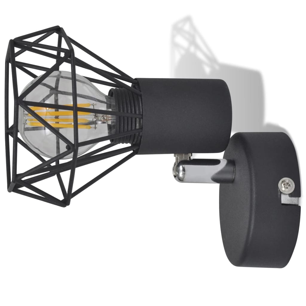 2 černá industriální nástěnná svítidla drátěná stínidla a LED žárovky