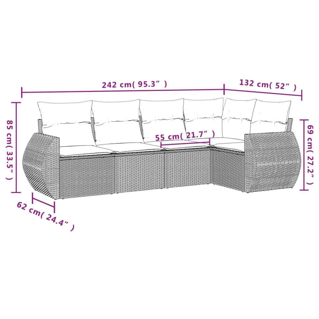 vidaXL 5dílná zahradní sedací souprava s poduškami šedá polyratan