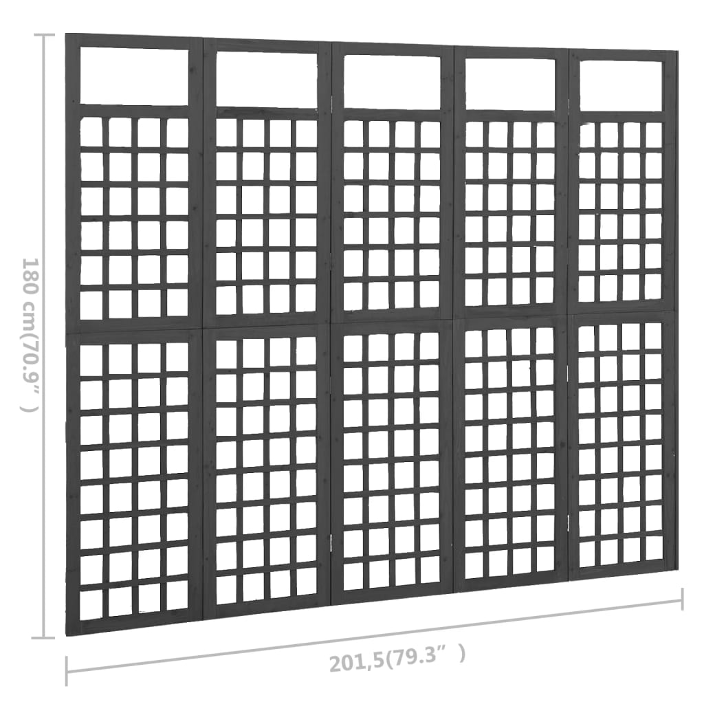 vidaXL 5dílná dělicí stěna / treláž masivní jedle černá 201,5 x 180 cm
