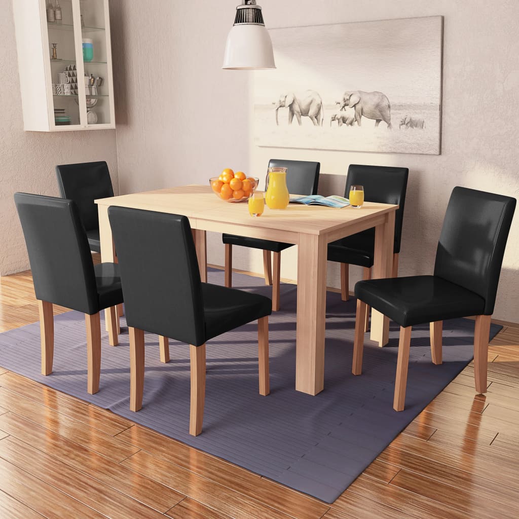 vidaXL 7dílná sada jídelního stolu a židlí, umělá kůže a dub, černá