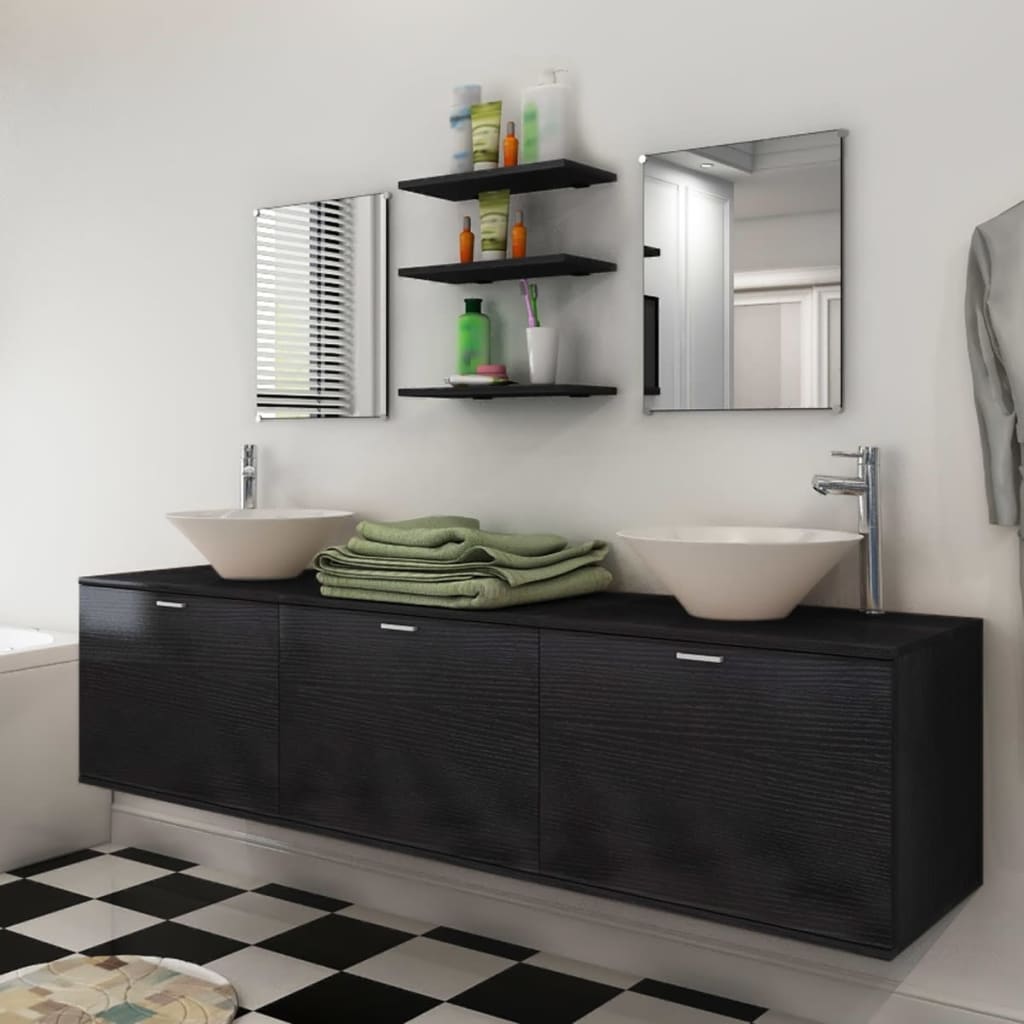 vidaXL Desetikusový set koupelnového nábytku s umyvadlem a baterií, černý