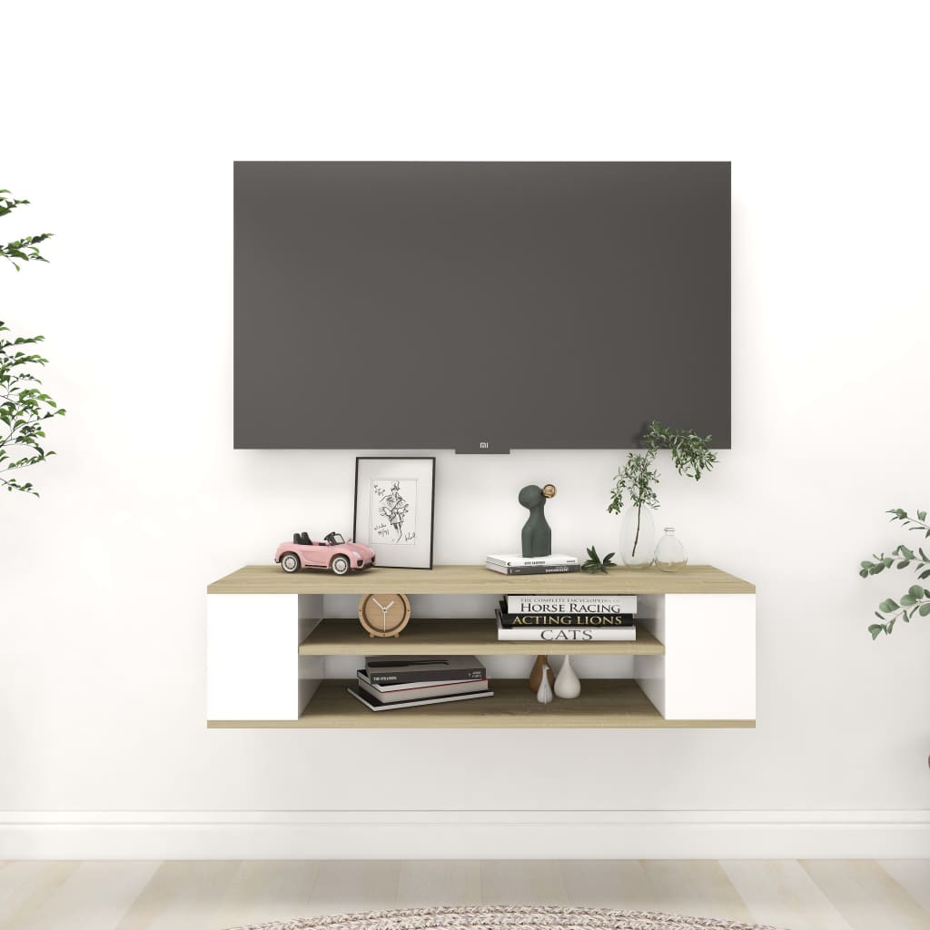 vidaXL Závěsná TV skříňka bílá a dub sonoma 100x30x26,5 cm dřevotříska