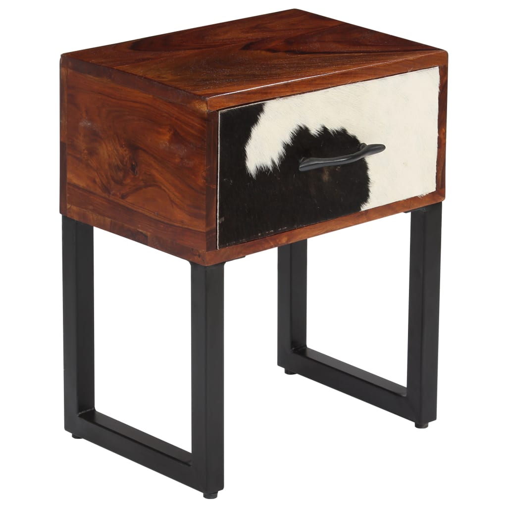 vidaXL Noční stolek z masivního sheeshamu a pravé kůže 40 x 30 x 50 cm