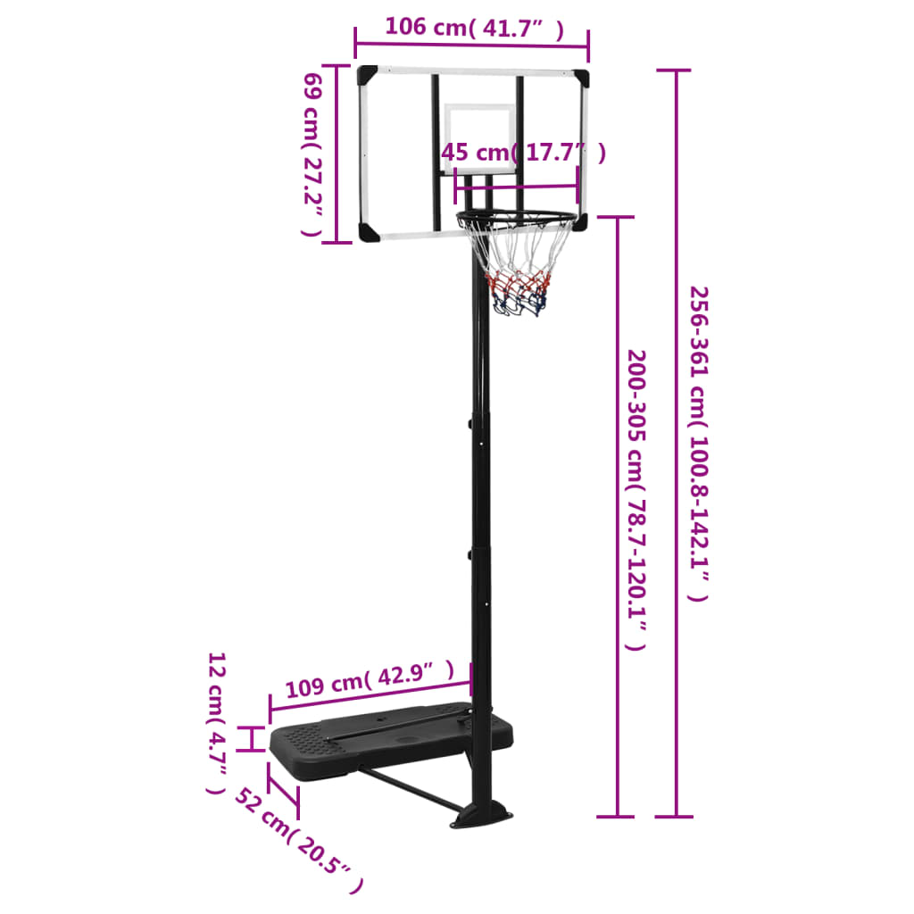 vidaXL Basketbalový koš s průhlednou deskou 256–361 cm polykarbonát