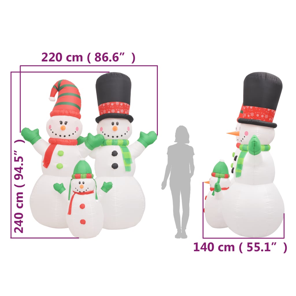 vidaXL Nafukovací rodinka sněhuláků s LED diodami 240 cm