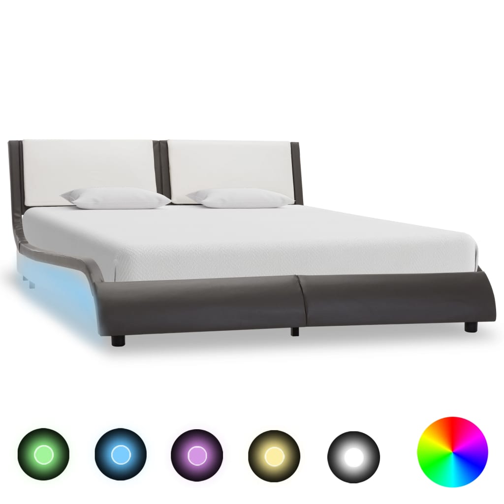 vidaXL Rám postele s LED světlem šedý a bílý umělá kůže 140 x 200 cm