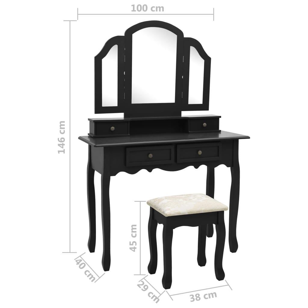 vidaXL Toaletní stolek se stoličkou černý 100 x 40 x 146 cm pavlovnia