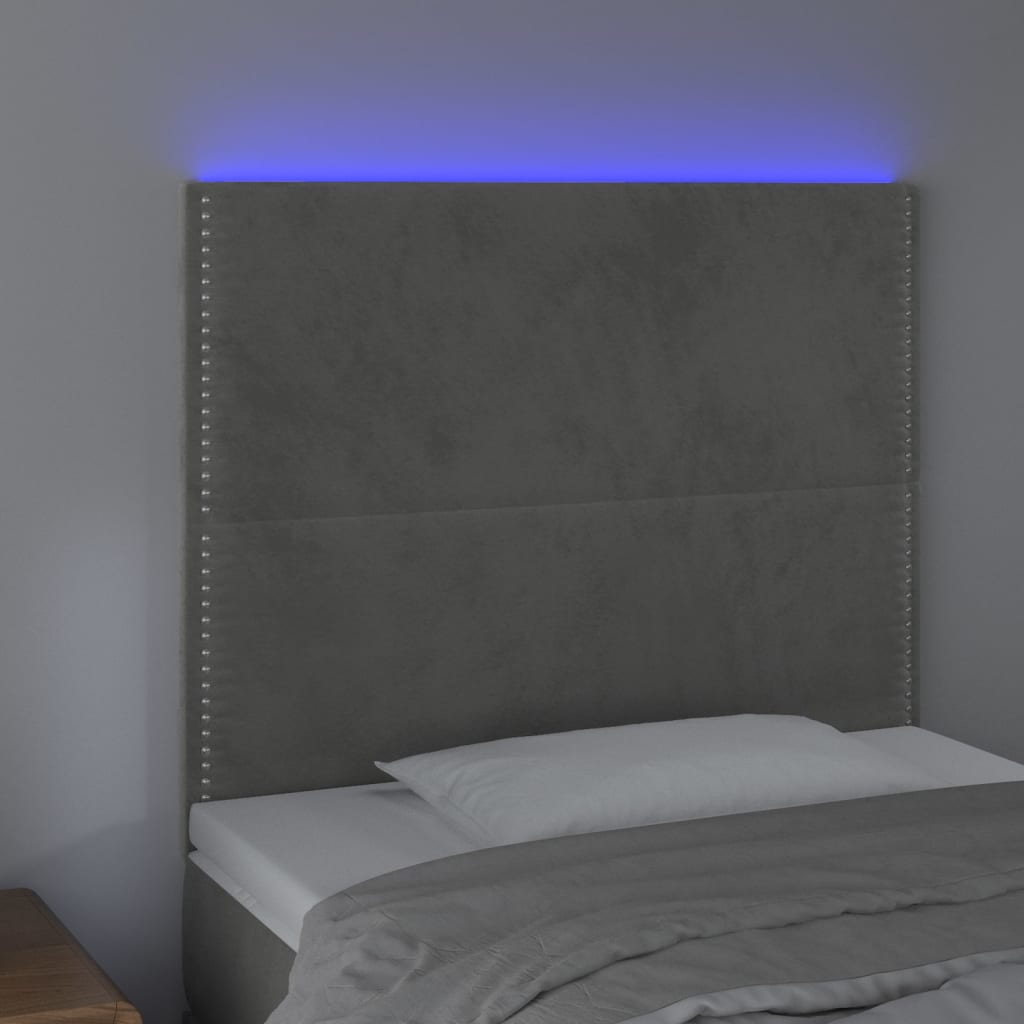 vidaXL Čelo postele s LED světle šedé 100x5x118/128 cm samet