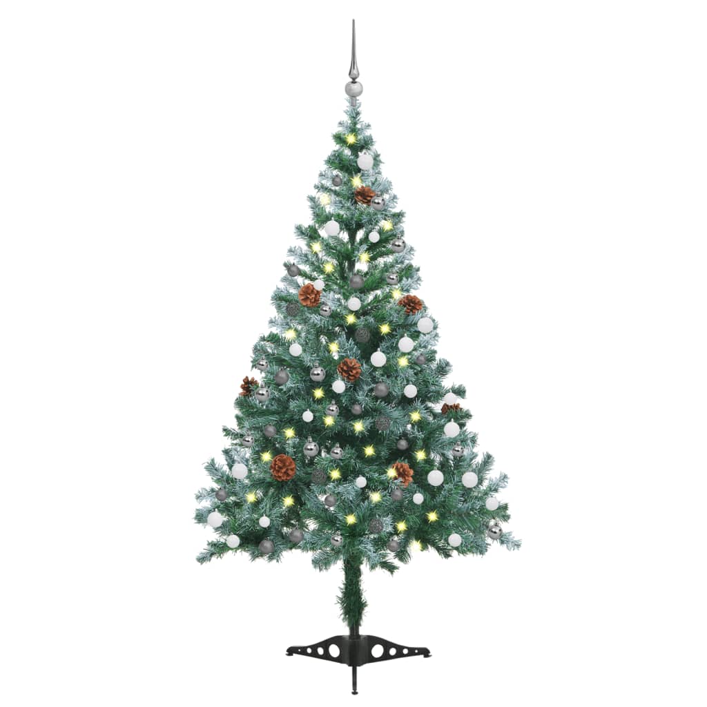 vidaXL Námrazou pokrytý vánoční stromek LED sada koulí a šišky 150 cm