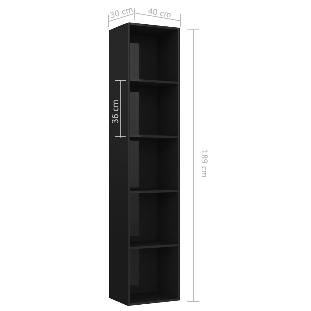 vidaXL Knihovna černá s vysokým leskem 40 x 30 x 189 cm dřevotříska