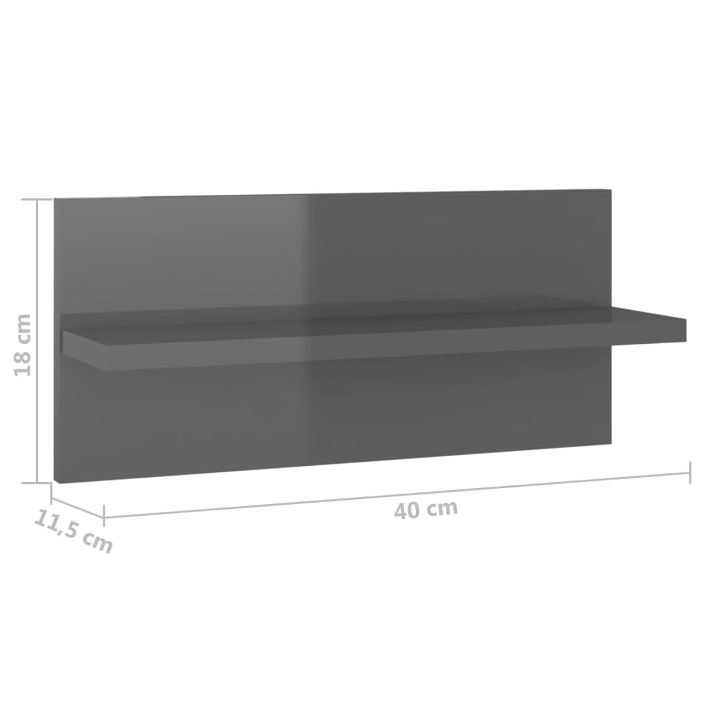 vidaXL Nástěnné police 4 ks šedé s vysokým leskem 40 x 11,5 x 18 cm