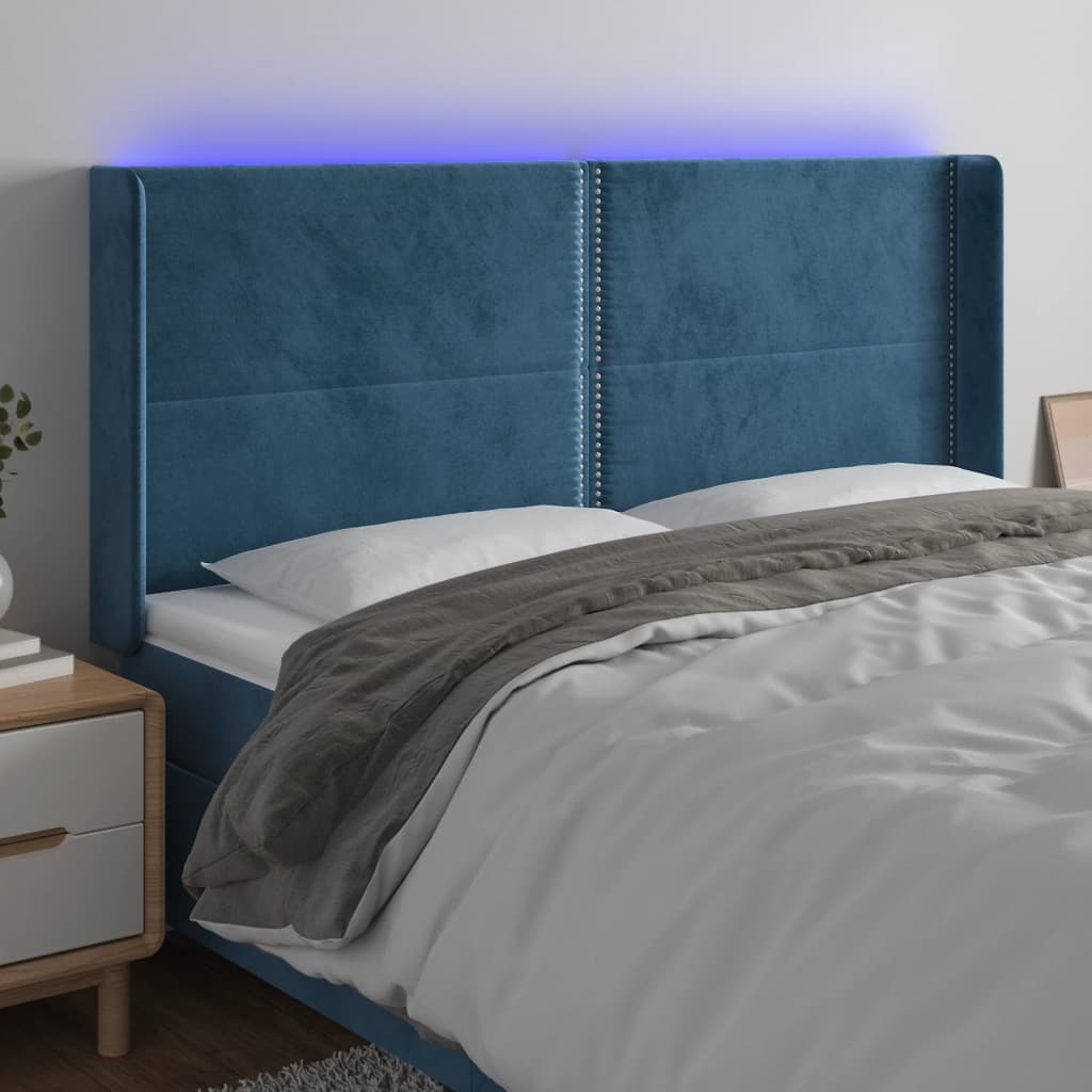 vidaXL Čelo postele s LED tmavě modré 183 x 16 x 118/128 cm samet