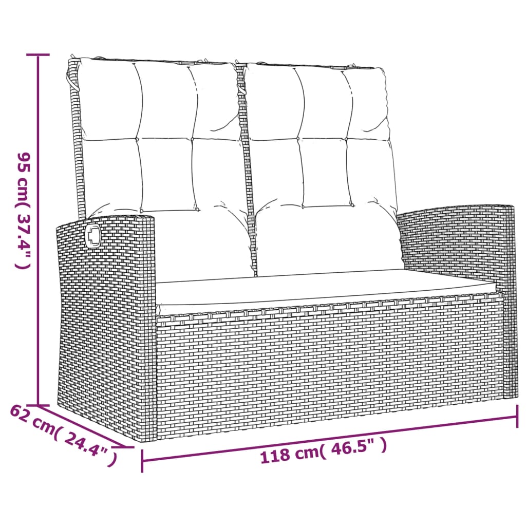 vidaXL Polohovací zahradní lavice s poduškami černá 118 cm polyratan