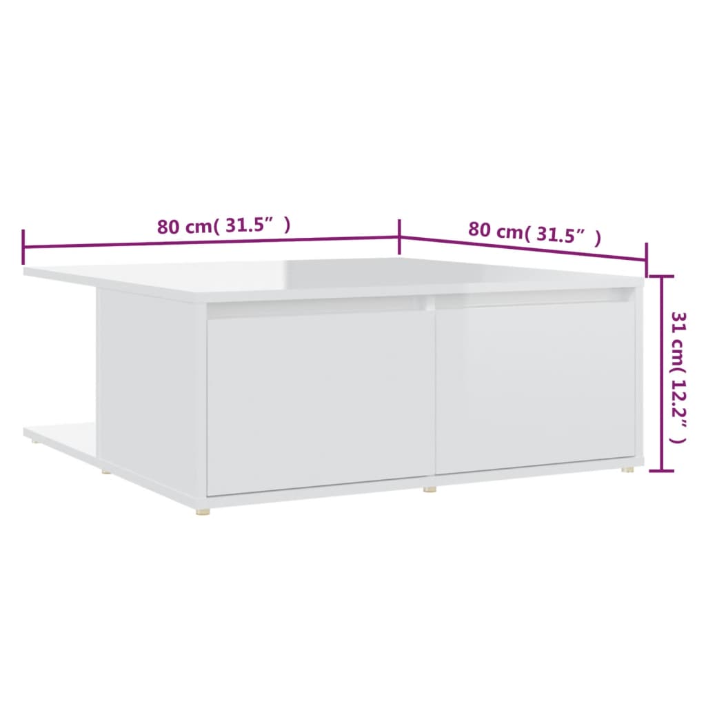 vidaXL Konferenční stolek vysoký lesk bílý 80 x 80 x 31 cm dřevotříska