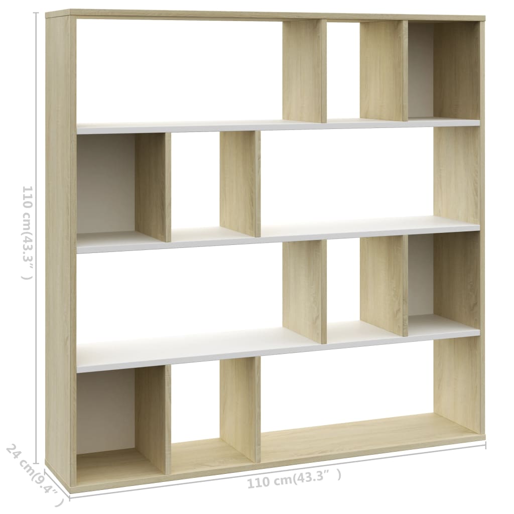 vidaXL Knihovna/dělící stěna bílá+dub sonoma 110x24x110 cm dřevotříska