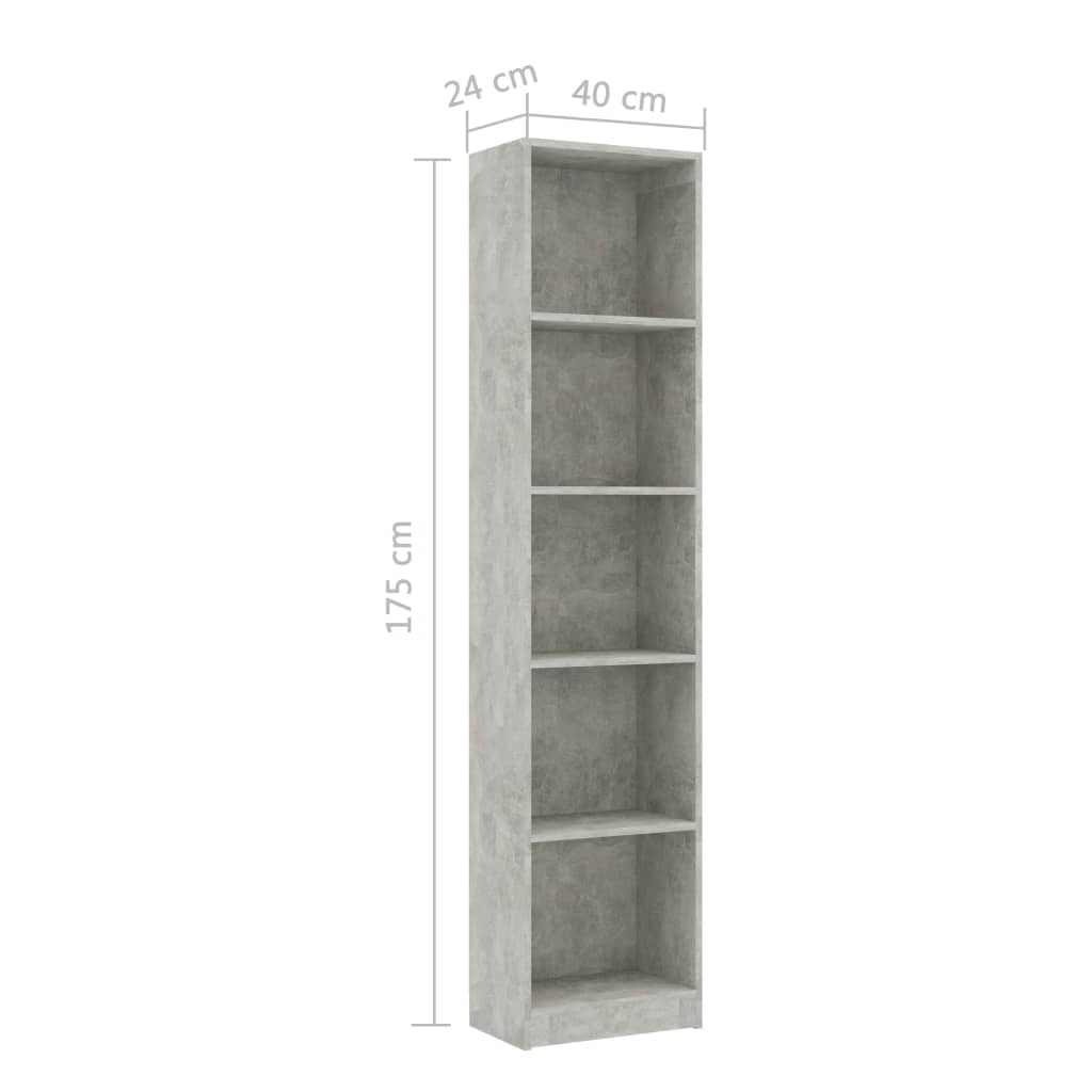 vidaXL Knihovna s 5 policemi betonově šedá 40x24x175 cm dřevotříska