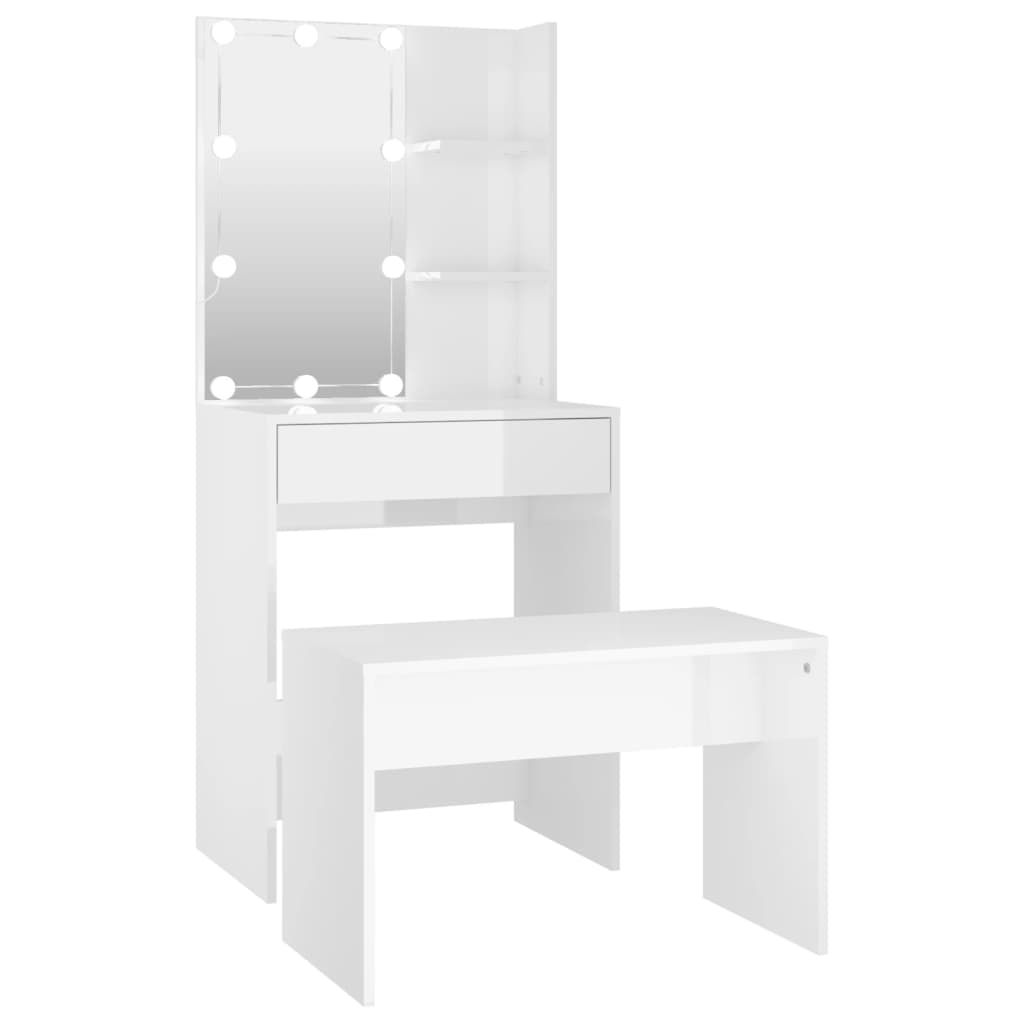 vidaXL Toaletní stolek sada s LED bílý vysoký lesk kompozitní dřevo