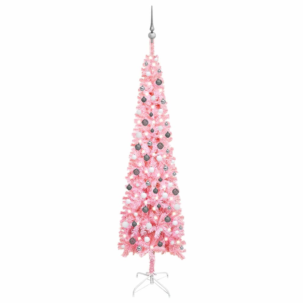 vidaXL Úzký vánoční stromek s LED diodami a sadou koulí růžový 240 cm