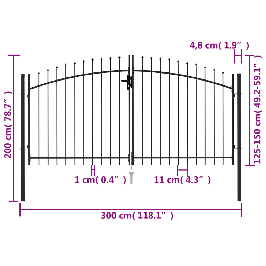 vidaXL Dvoukřídlá zahradní brána s hroty ocelová 3 x 1,5 m černá