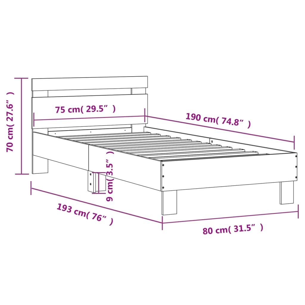 vidaXL Rám postele s čelem a LED osvětlením betonově šedý 75 x 190 cm