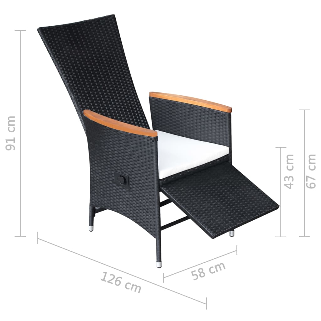 vidaXL Nastavitelné zahradní židle 2 ks s poduškami polyratan černé