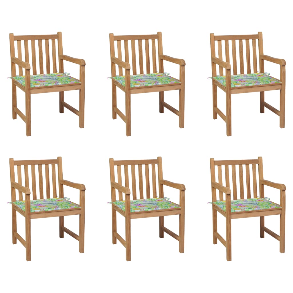 vidaXL Zahradní židle 6 ks podušky se vzorem listů masivní teak