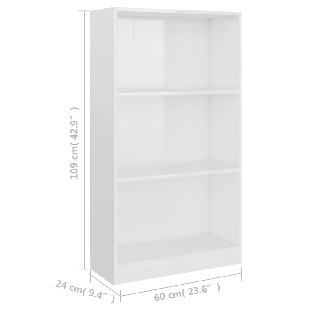 vidaXL 3patrová knihovna bílá vysoký lesk 60x24x109cm kompozitní dřevo