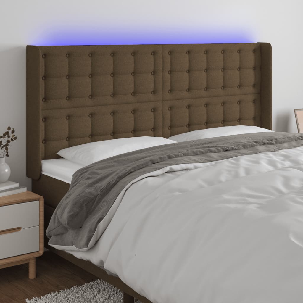 vidaXL Čelo postele s LED tmavě hnědé 203 x 16 x 118/128 cm textil