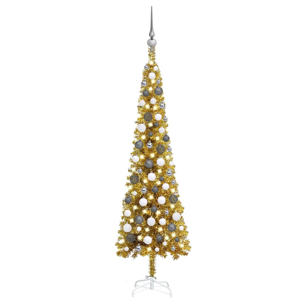 vidaXL Úzký vánoční stromek s LED a sadou koulí zlatý 120 cm